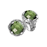 Handcrafted Bali silver ring with round Green Amethyst Quartz and floral carving details.